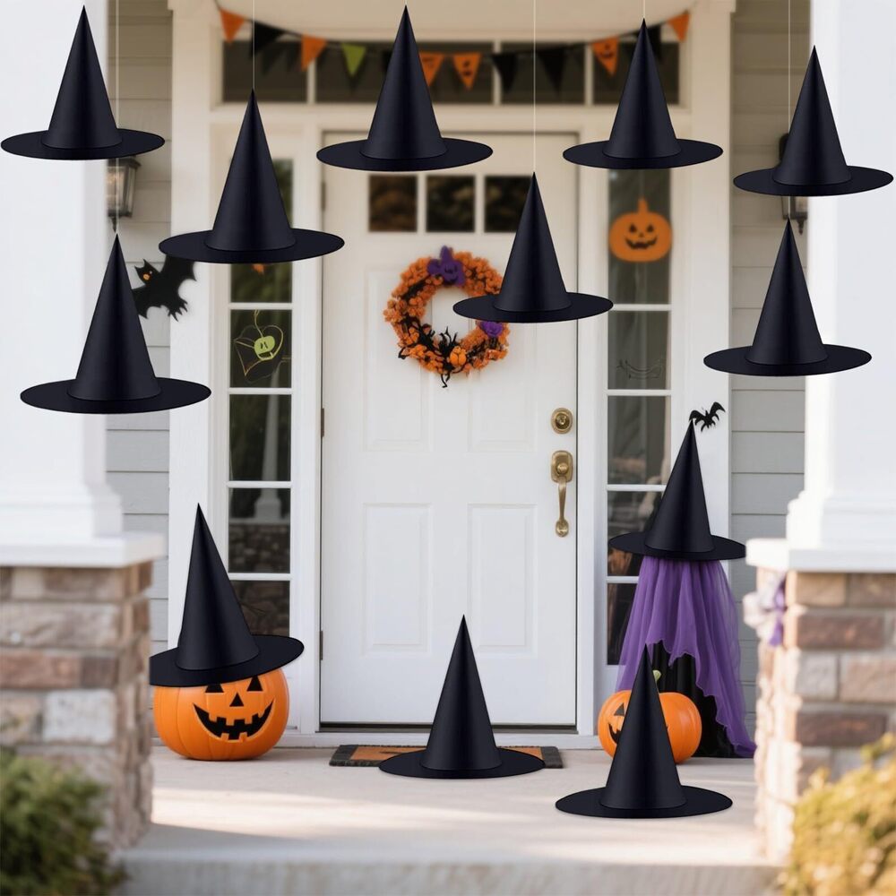 6876 12 Pcs Halloween Witch Hats, Black Hanging Witches Hat with 98 Feet